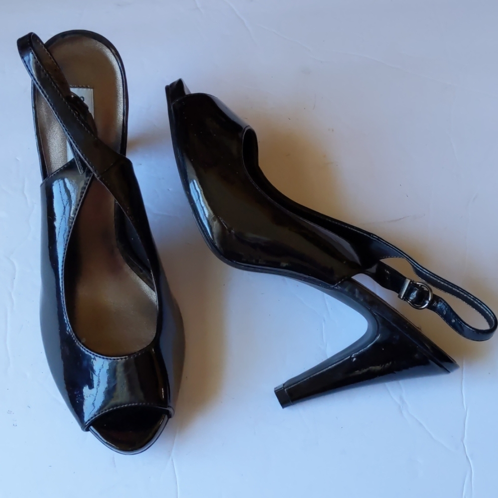 Steve Madden Black Patent Peep-Toe Slingback Heels